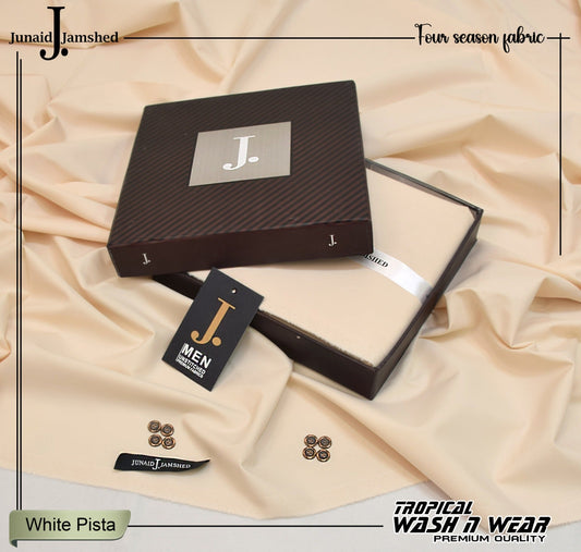 Junaid Jamshed White PistaTropical Premium Wash & Wear – Men’s Unstitched Four-Season Suit 2026